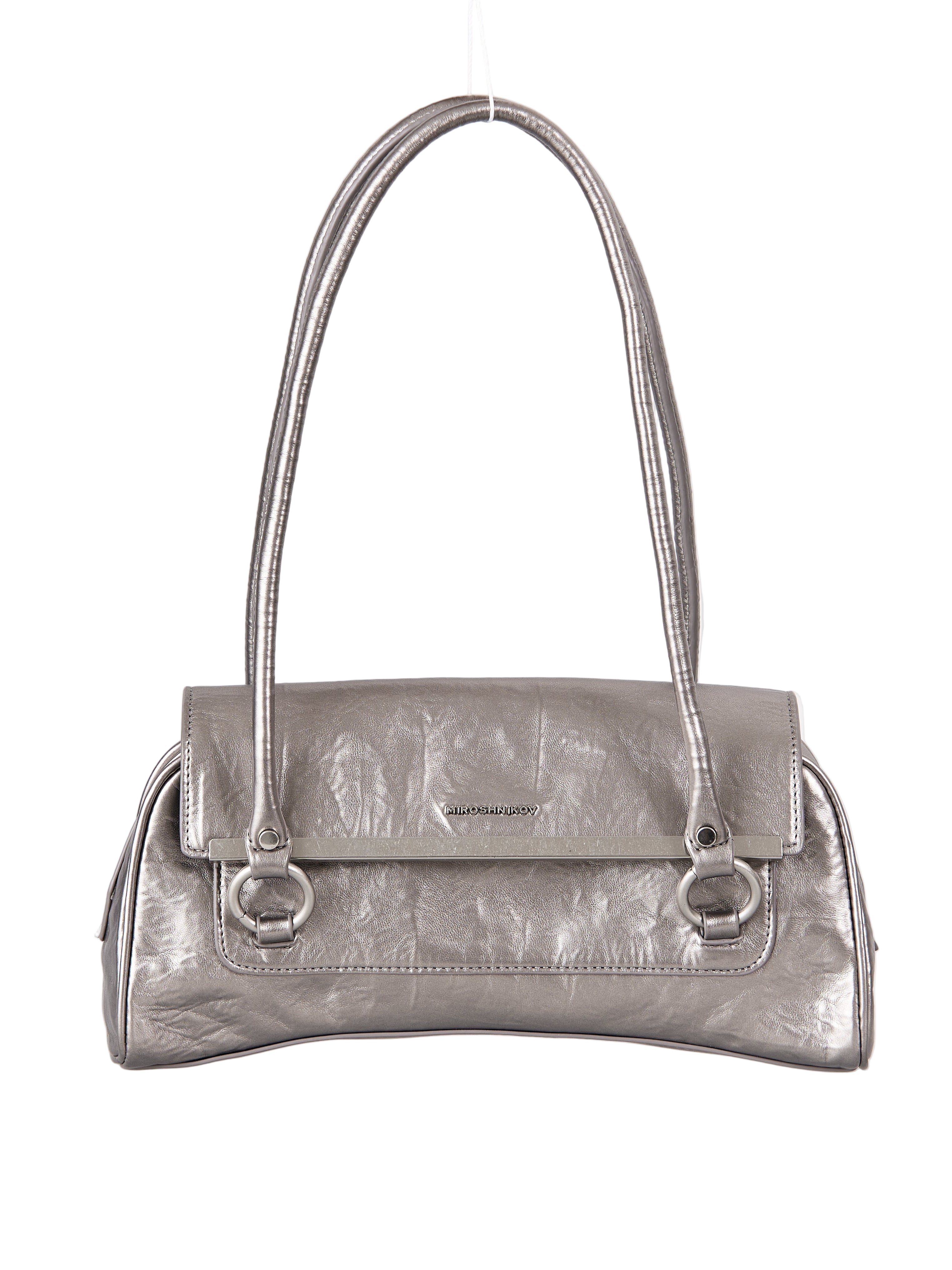 Silver handbag with 'Gucci' branding on a white background