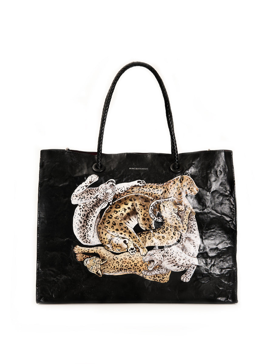 Large Shopper – Black × Leopard Print